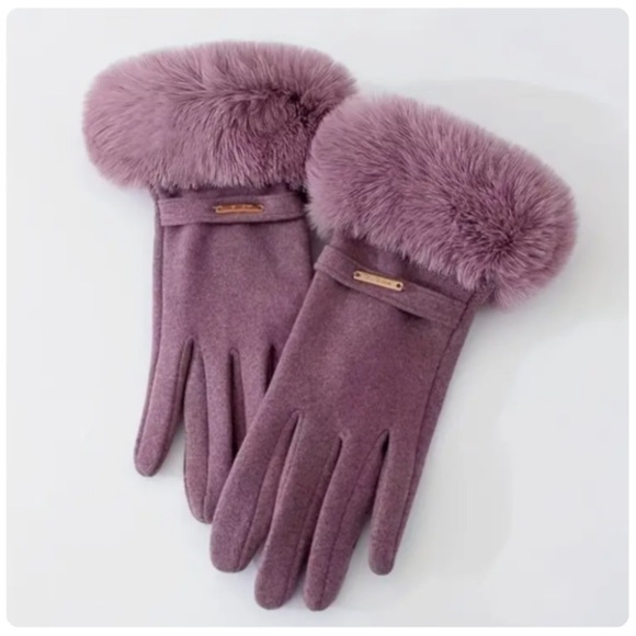 WARM WINTER DRIVING GLOVES PURPLE FAUX FUR TRIMMED TOUCH SCREEN 2 FINGERS - Picture 5 of 6